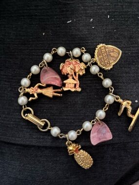 Vintage Gold coloured Charm Bracelet with Pink Shell Accents Faux Pearls Aloha